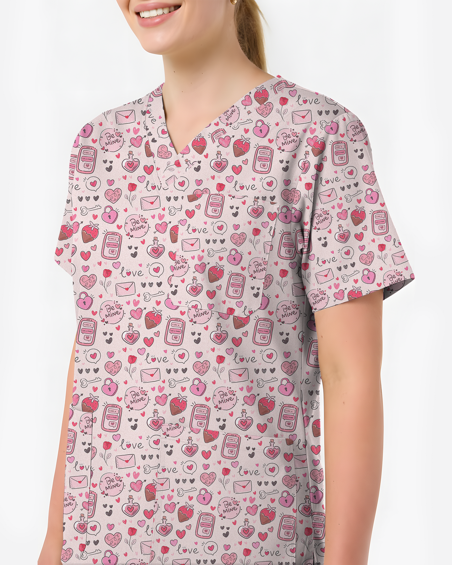 Pink Valentine Heart Theme Women Scrub Top