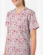 Pink Valentine Heart Theme Women Scrub Top