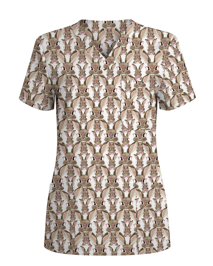 Playful Bunny With Glasses Theme Women Scrub Top