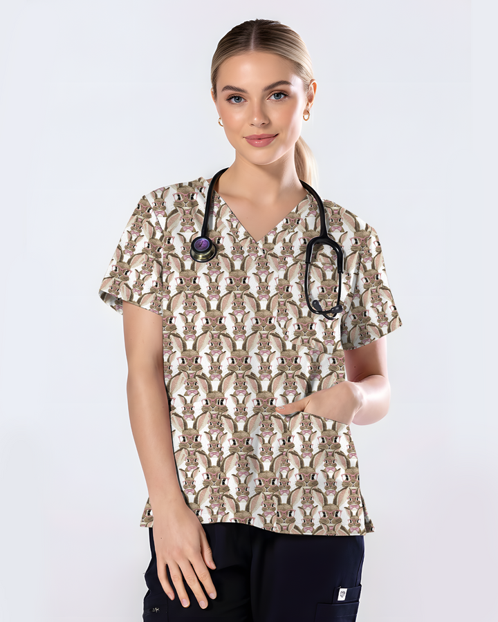 Playful Bunny With Glasses Theme Women Scrub Top