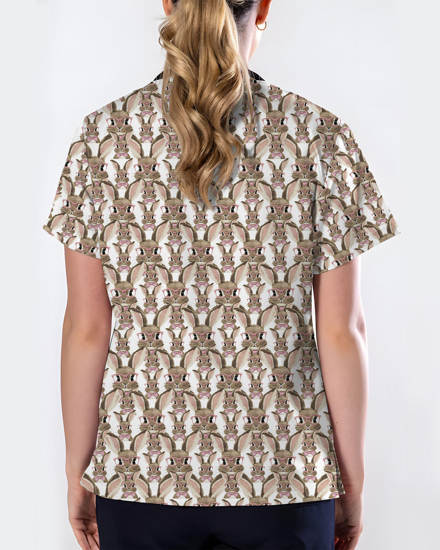 Playful Bunny With Glasses Theme Women Scrub Top