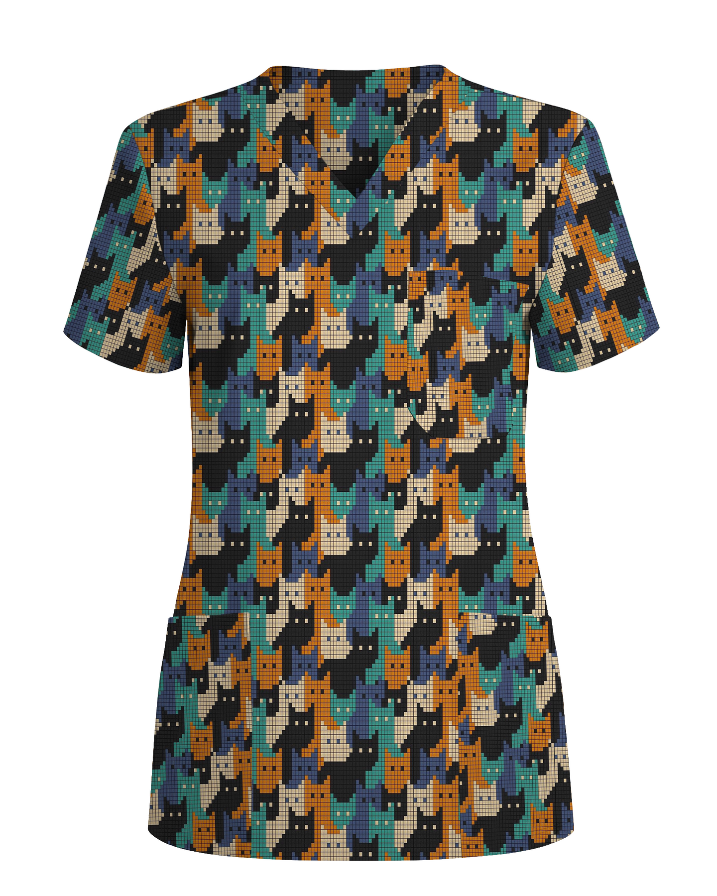 Cute Pixel Cat Crowd Scrub Top