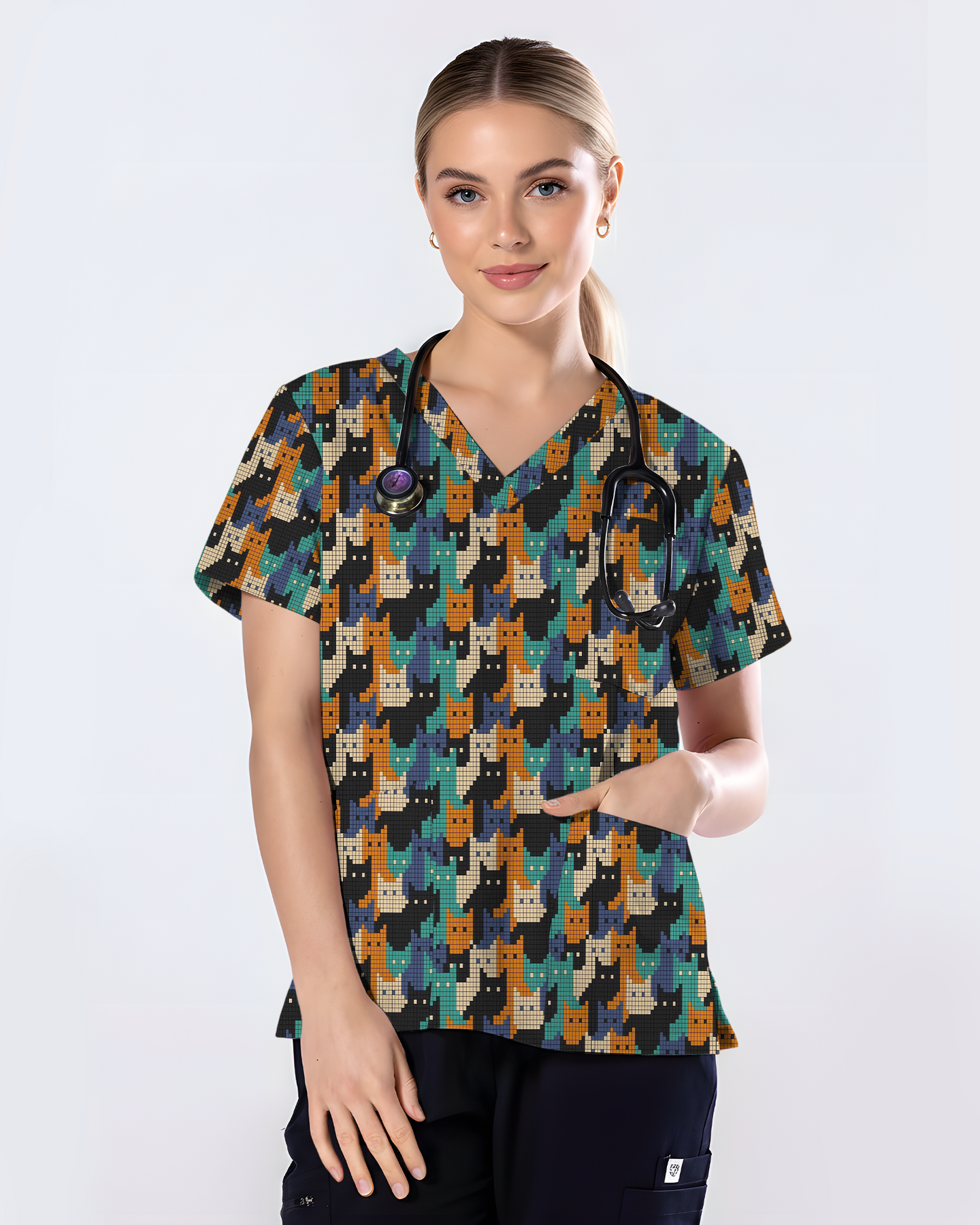 Cute Pixel Cat Crowd Scrub Top