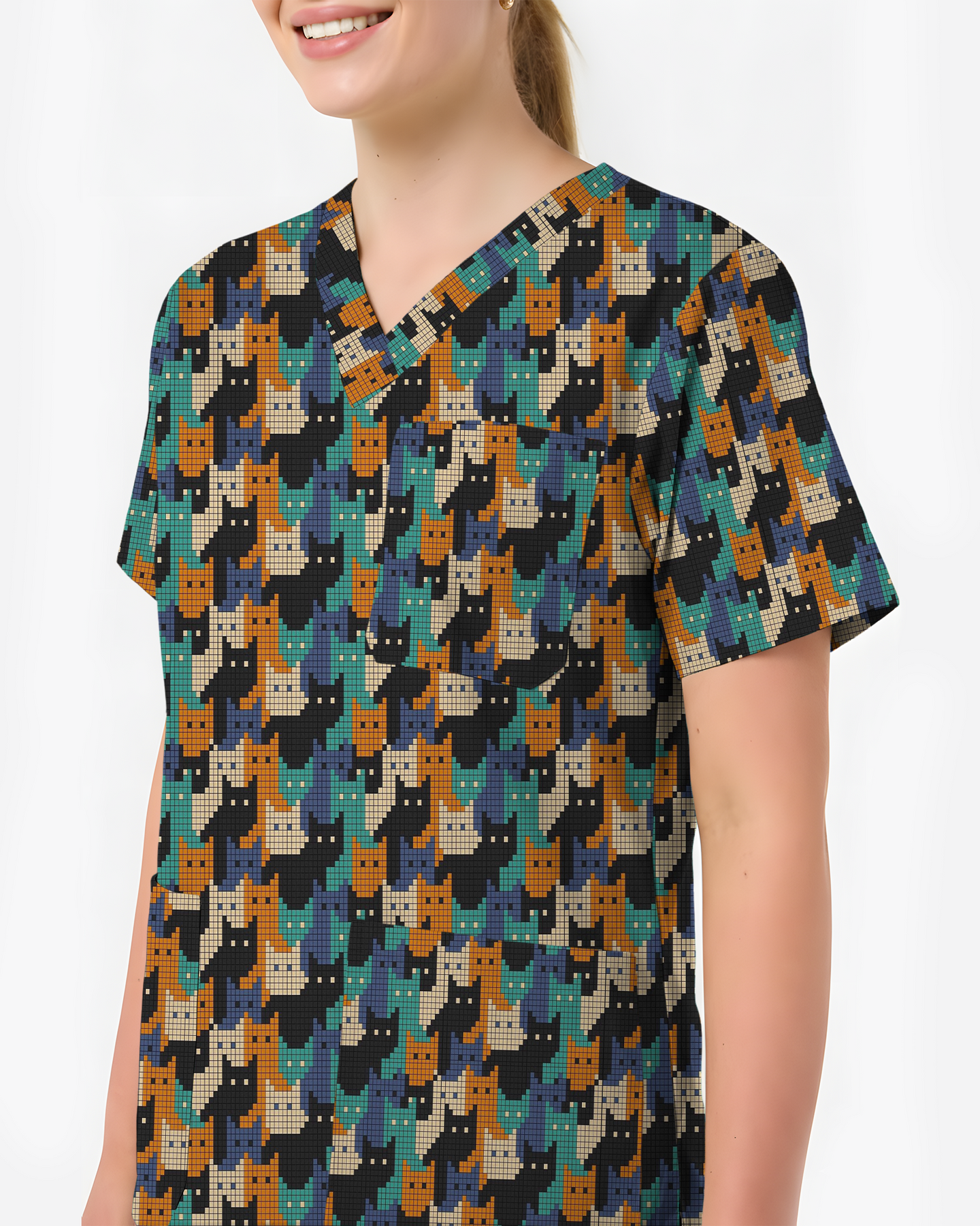 Cute Pixel Cat Crowd Scrub Top