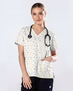 Charming Gingham Cat Dainty Floral Scrub Top