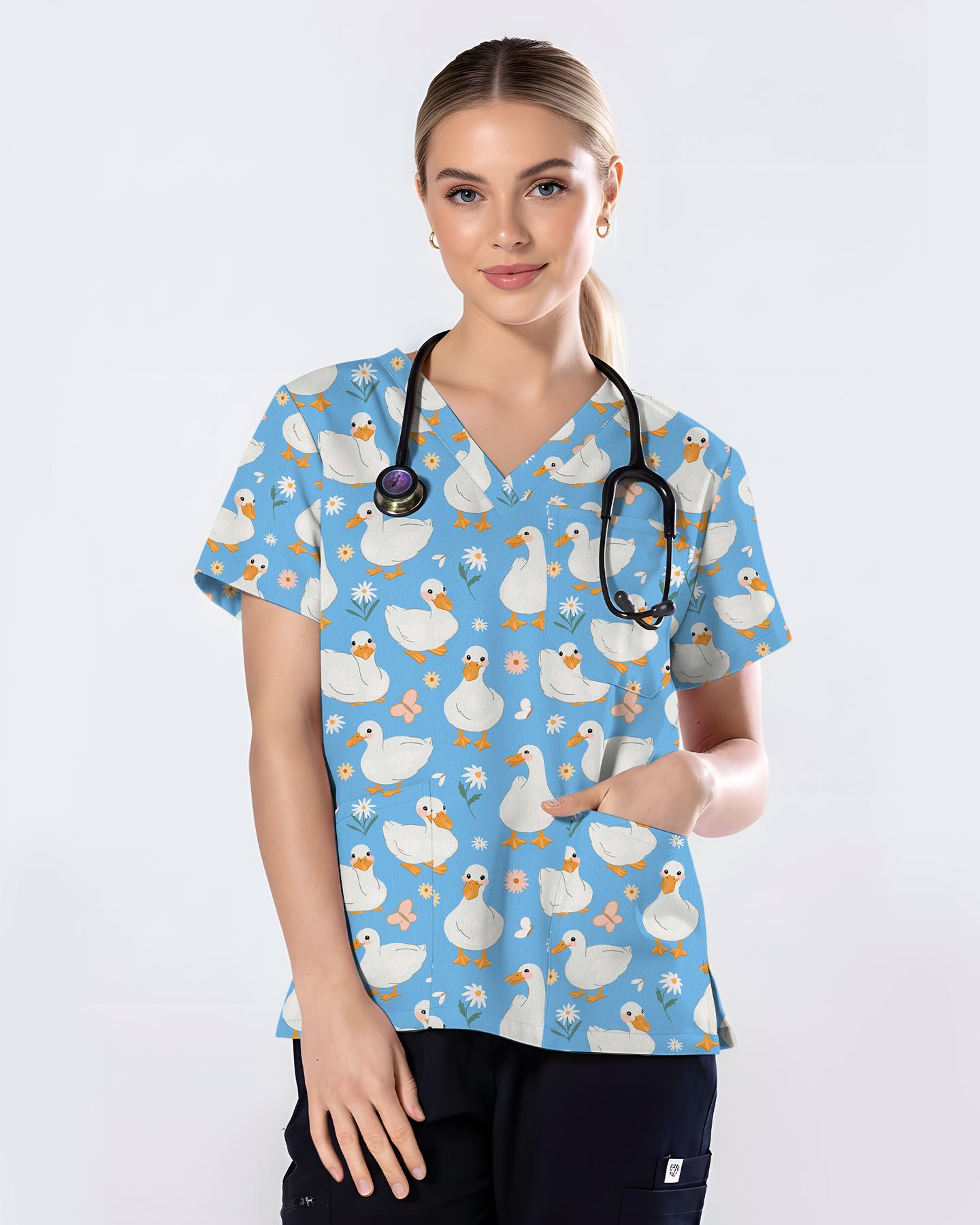 Waddle Ducks Playful Pond Parade Women Scrub Top