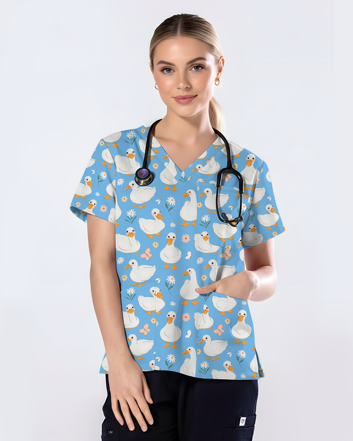 Waddle Ducks Playful Pond Parade Women Scrub Top