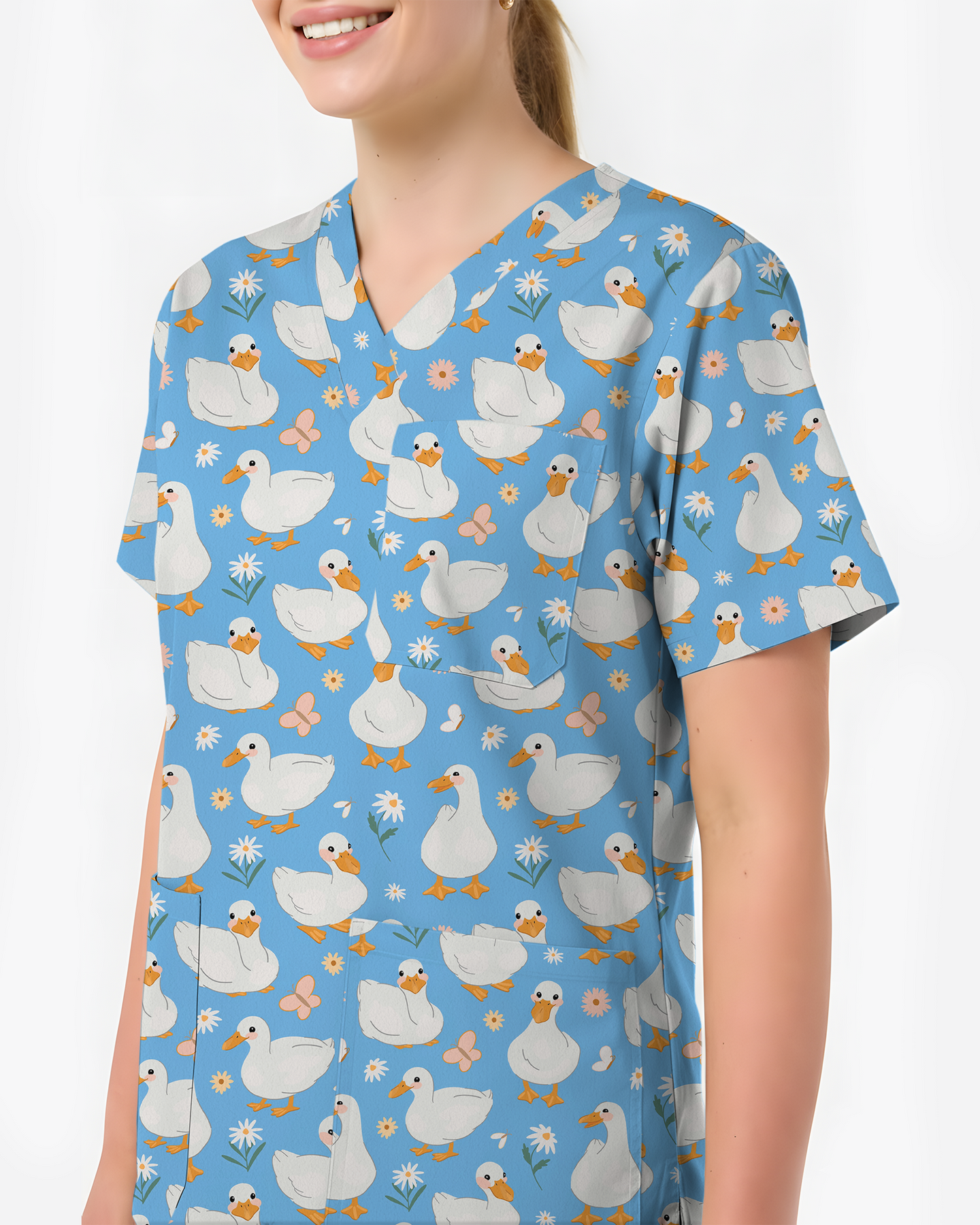 Waddle Ducks Playful Pond Parade Women Scrub Top