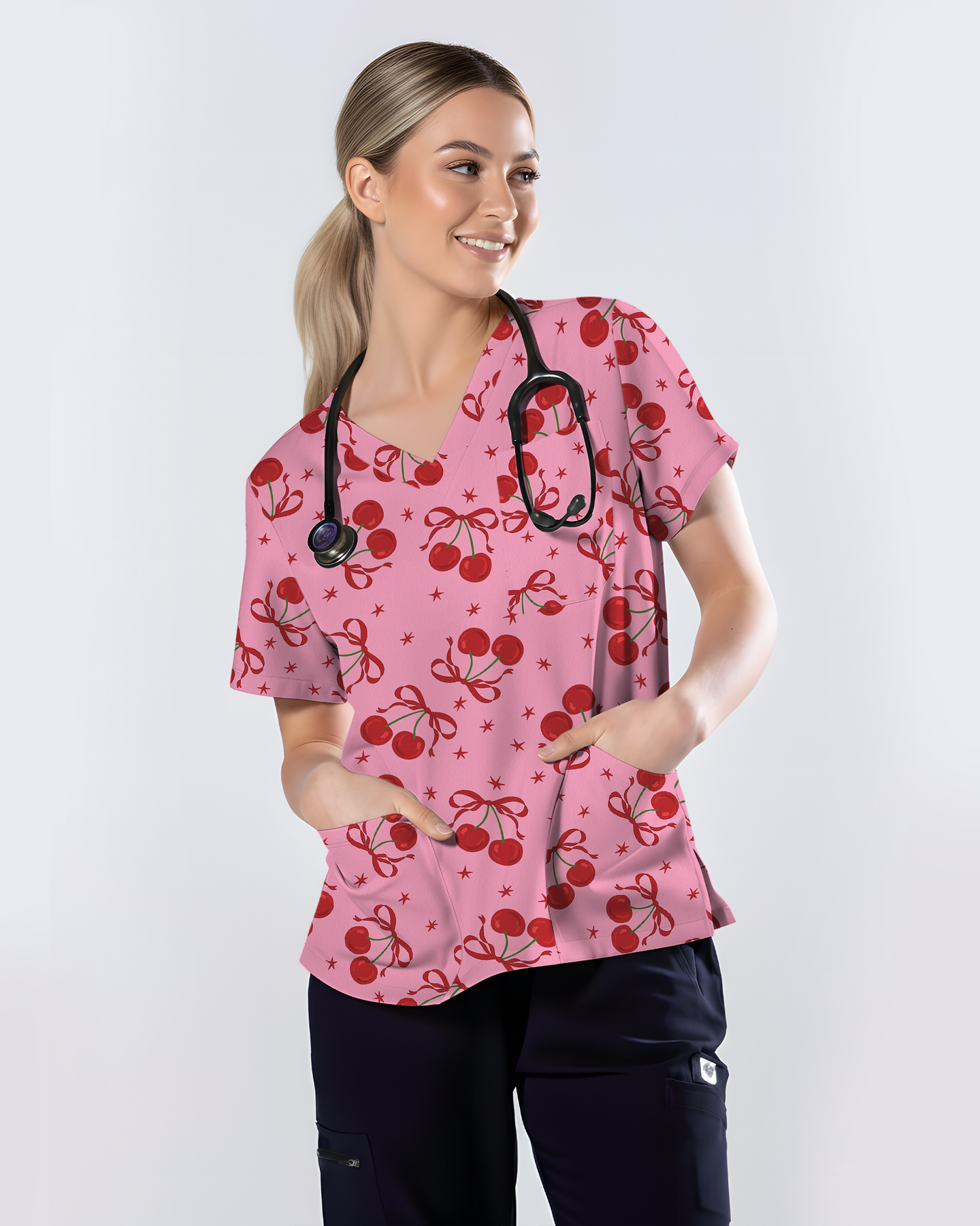 Cherry Bomb Retro Pop Energy Women Scrub Top