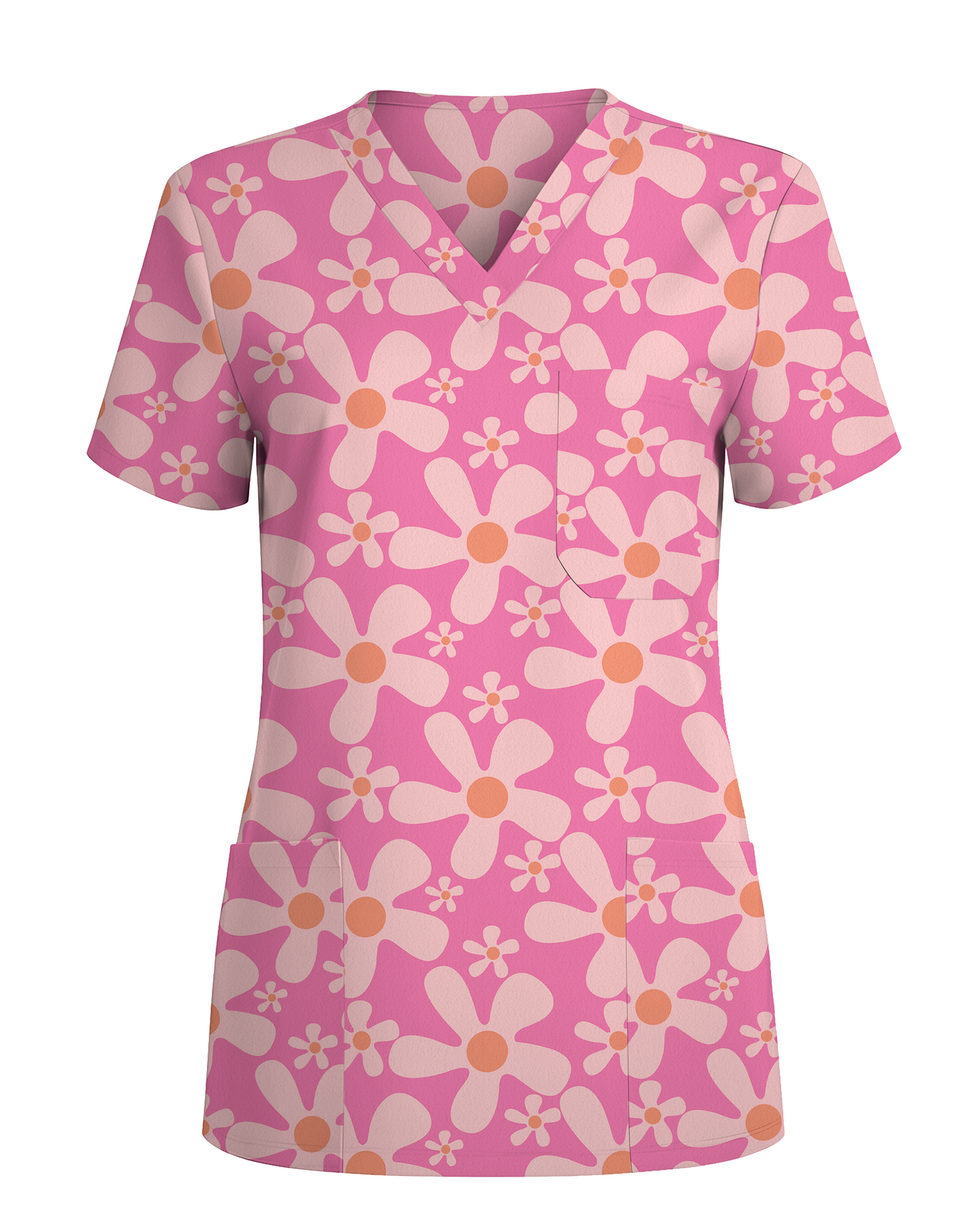 Groovy Pink Retro Disco Waves Women Scrub Top