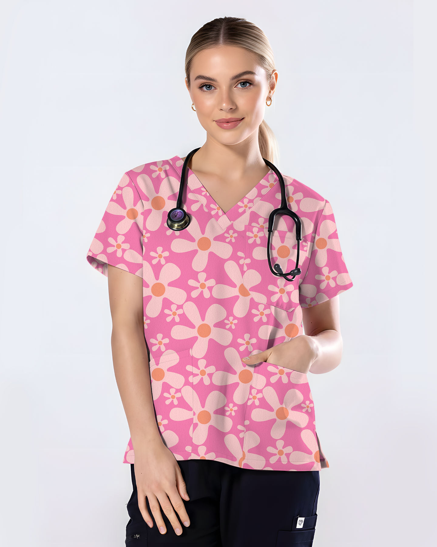 Groovy Pink Retro Disco Waves Women Scrub Top