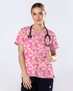 Groovy Pink Retro Disco Waves Women Scrub Top