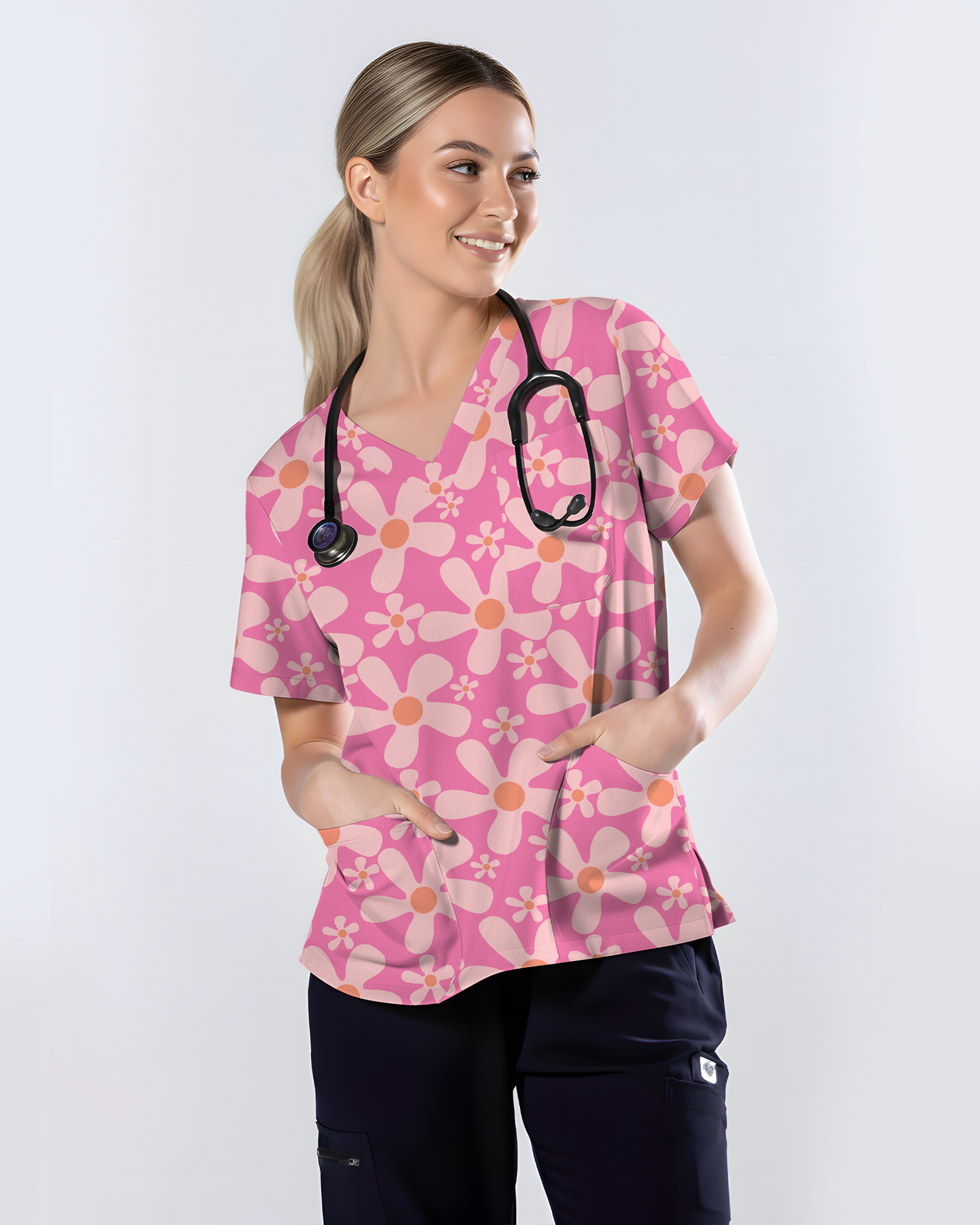 Groovy Pink Retro Disco Waves Women Scrub Top