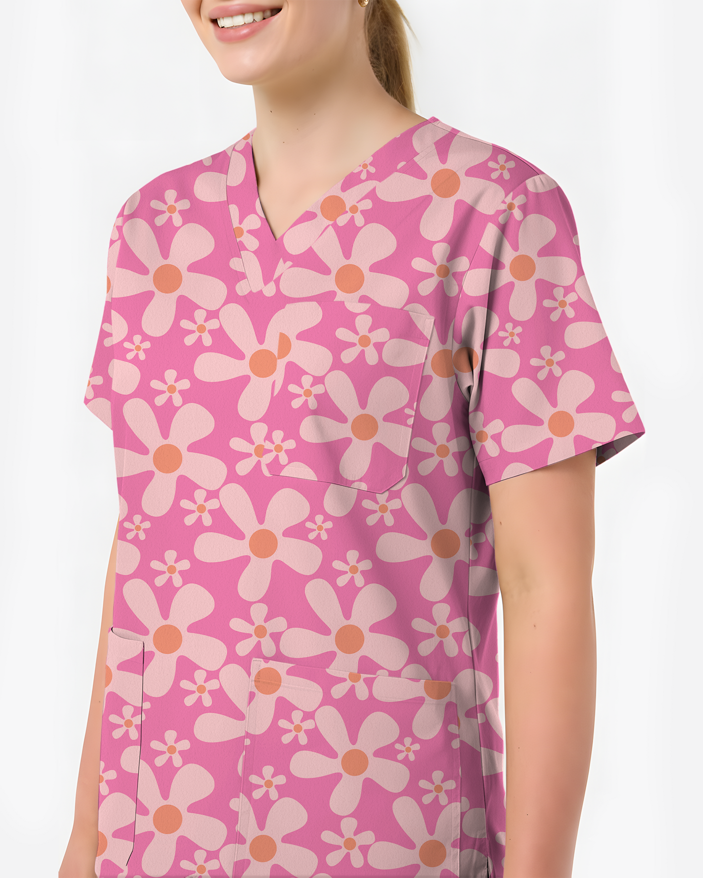Groovy Pink Retro Disco Waves Women Scrub Top