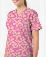 Groovy Pink Retro Disco Waves Women Scrub Top