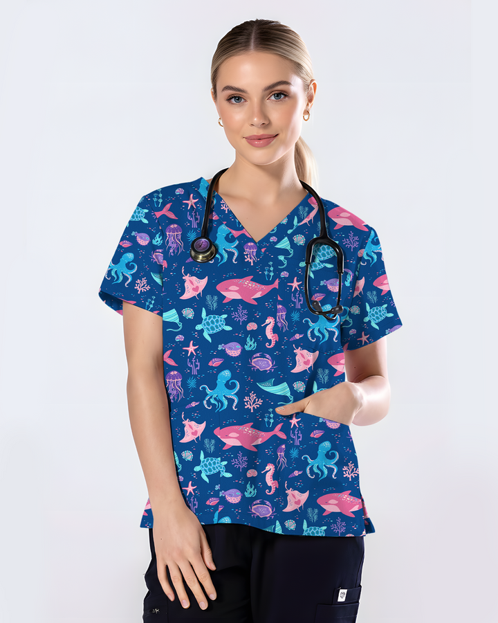 Deep Sea Delight Ocean Dreamscape Women Scrub Top