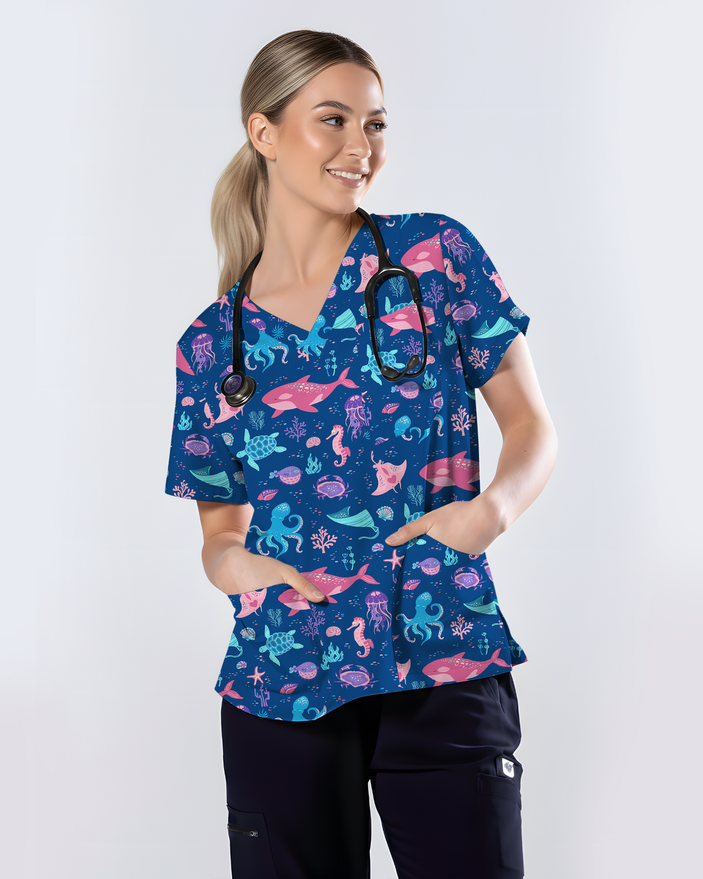Deep Sea Delight Ocean Dreamscape Women Scrub Top