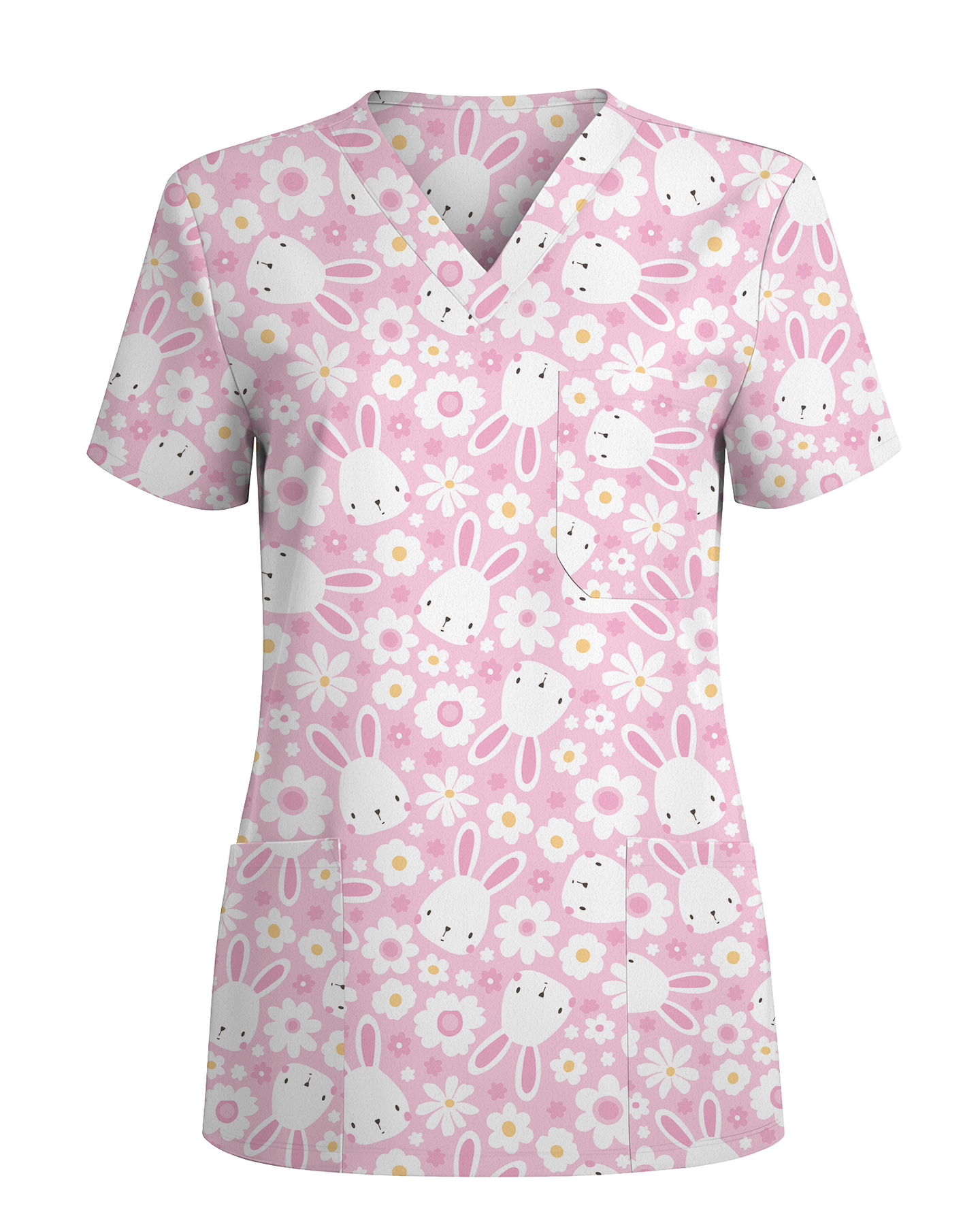 Playful Rabbits Meadow Garden Charm Women Scrub Top