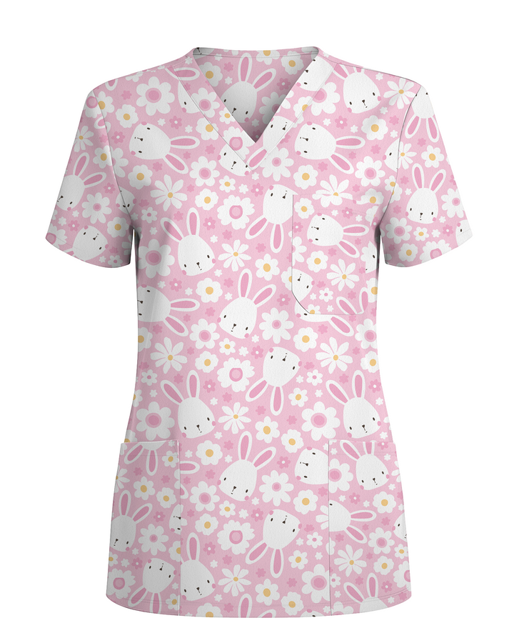 Playful Rabbits Meadow Garden Charm Women Scrub Top