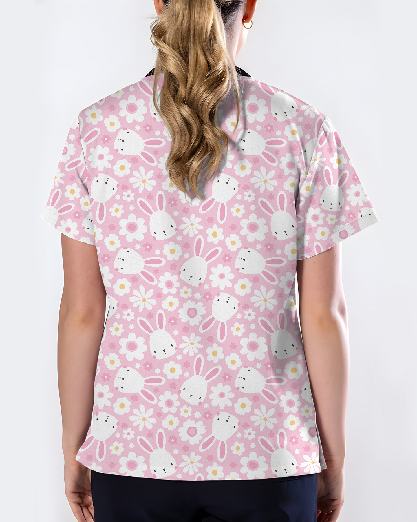 Playful Rabbits Meadow Garden Charm Women Scrub Top