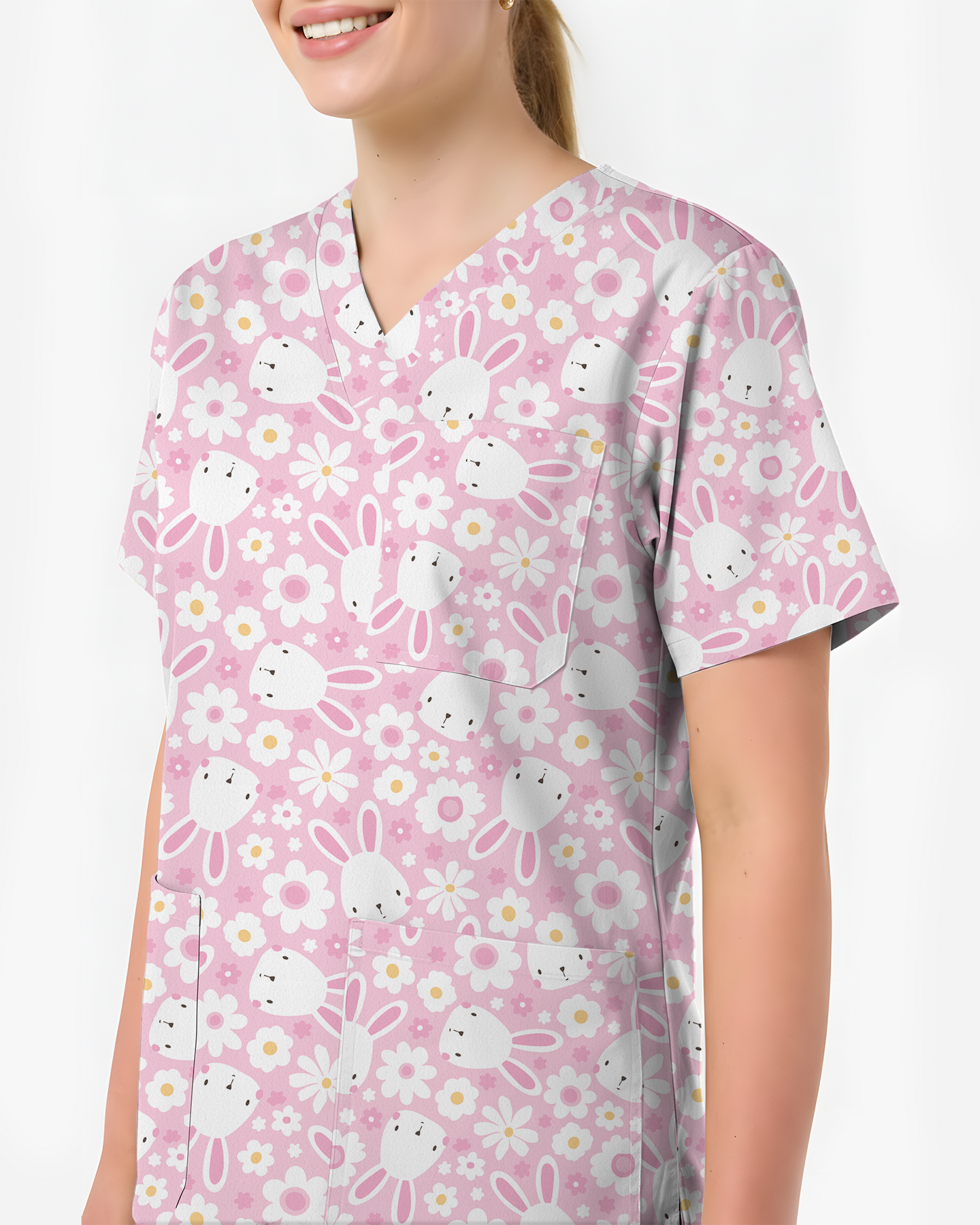 Playful Rabbits Meadow Garden Charm Women Scrub Top
