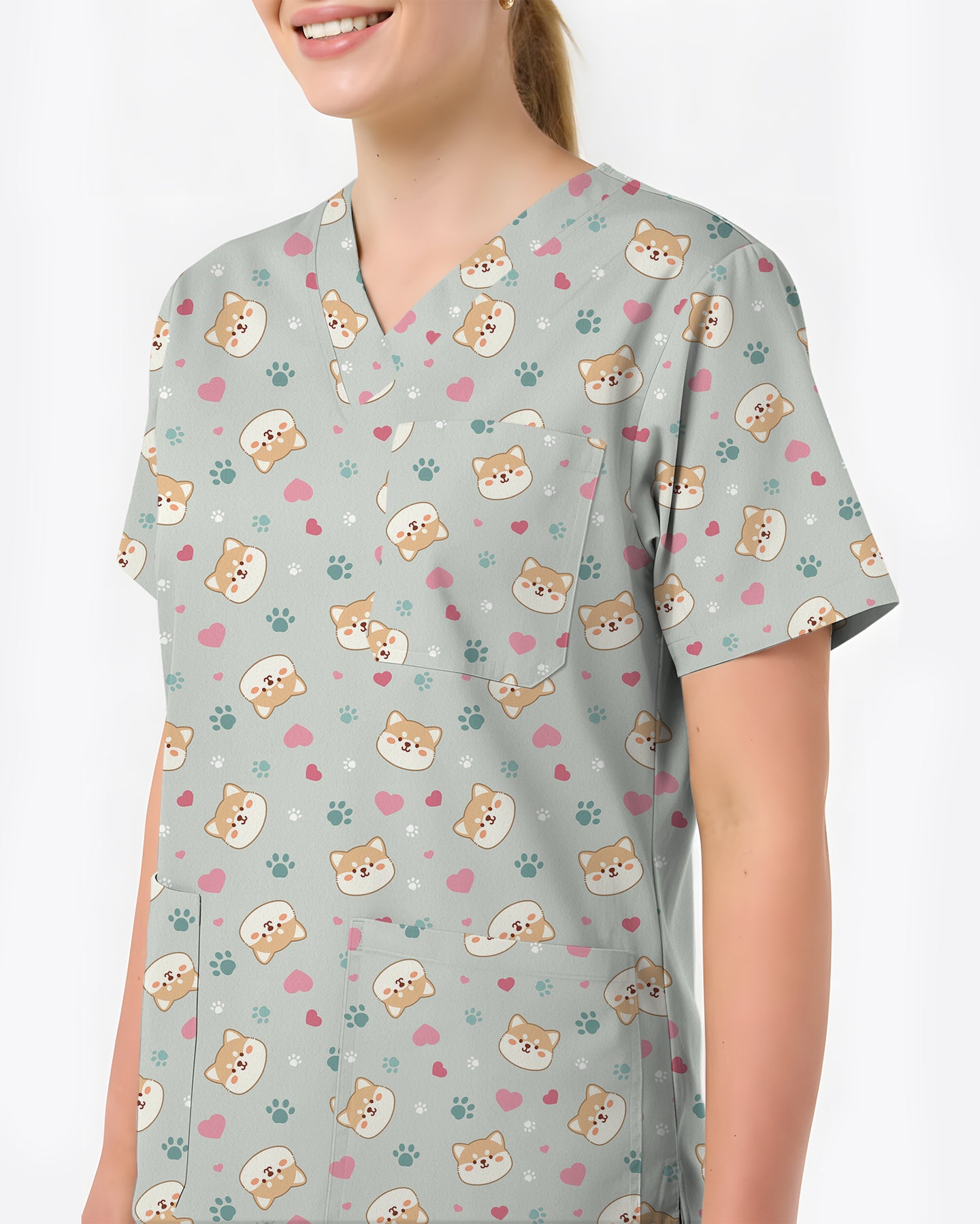Shiba Inu Playful Kawaii Spirit Women Scrub Top