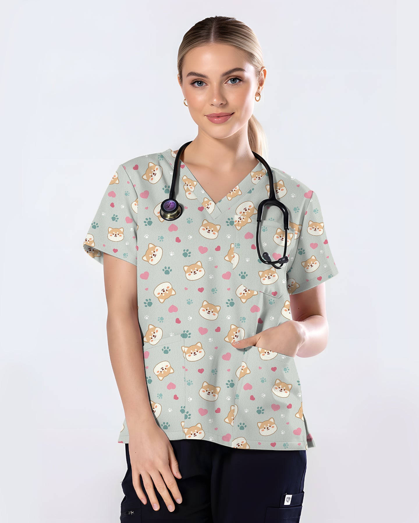 Shiba Inu Playful Kawaii Spirit Women Scrub Top