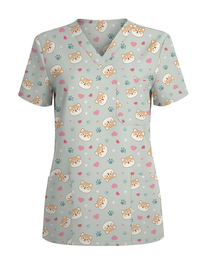 Shiba Inu Playful Kawaii Spirit Women Scrub Top