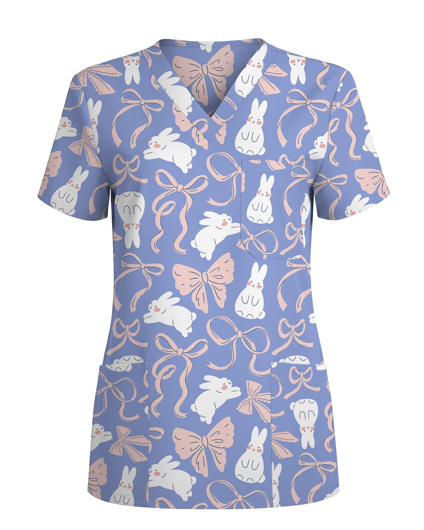 Bunny Ribbons Whimsical Spring Delight Women Scrub Top
