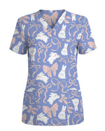 Bunny Ribbons Whimsical Spring Delight Women Scrub Top