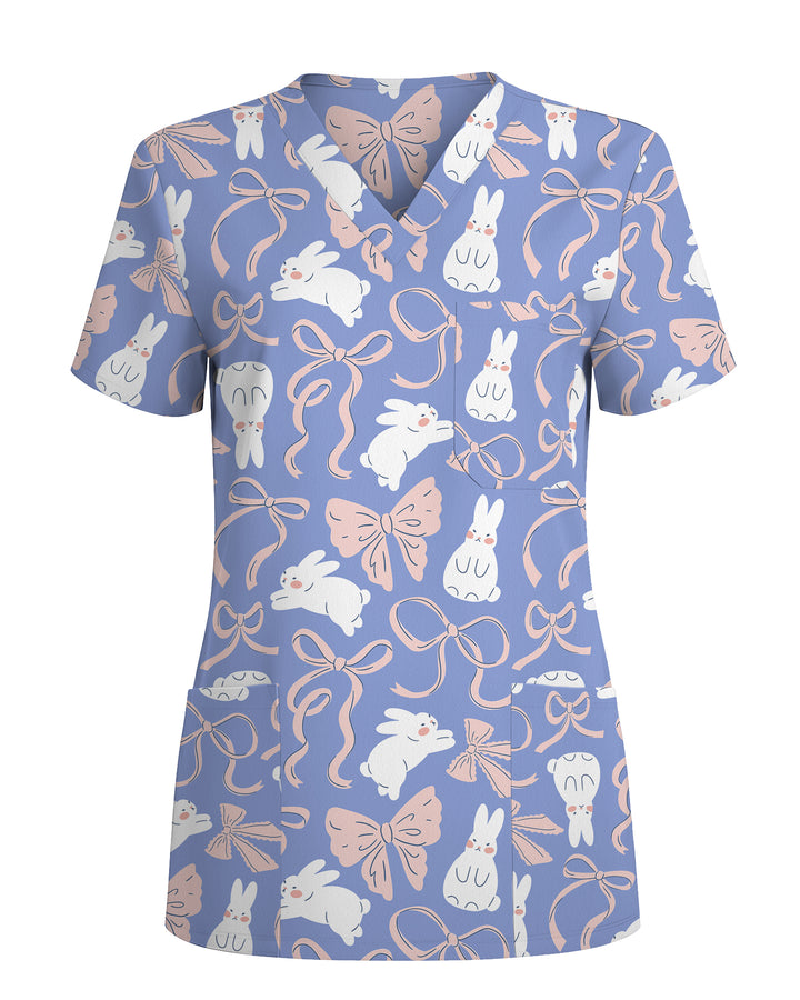 Bunny Ribbons Whimsical Spring Delight Women Scrub Top