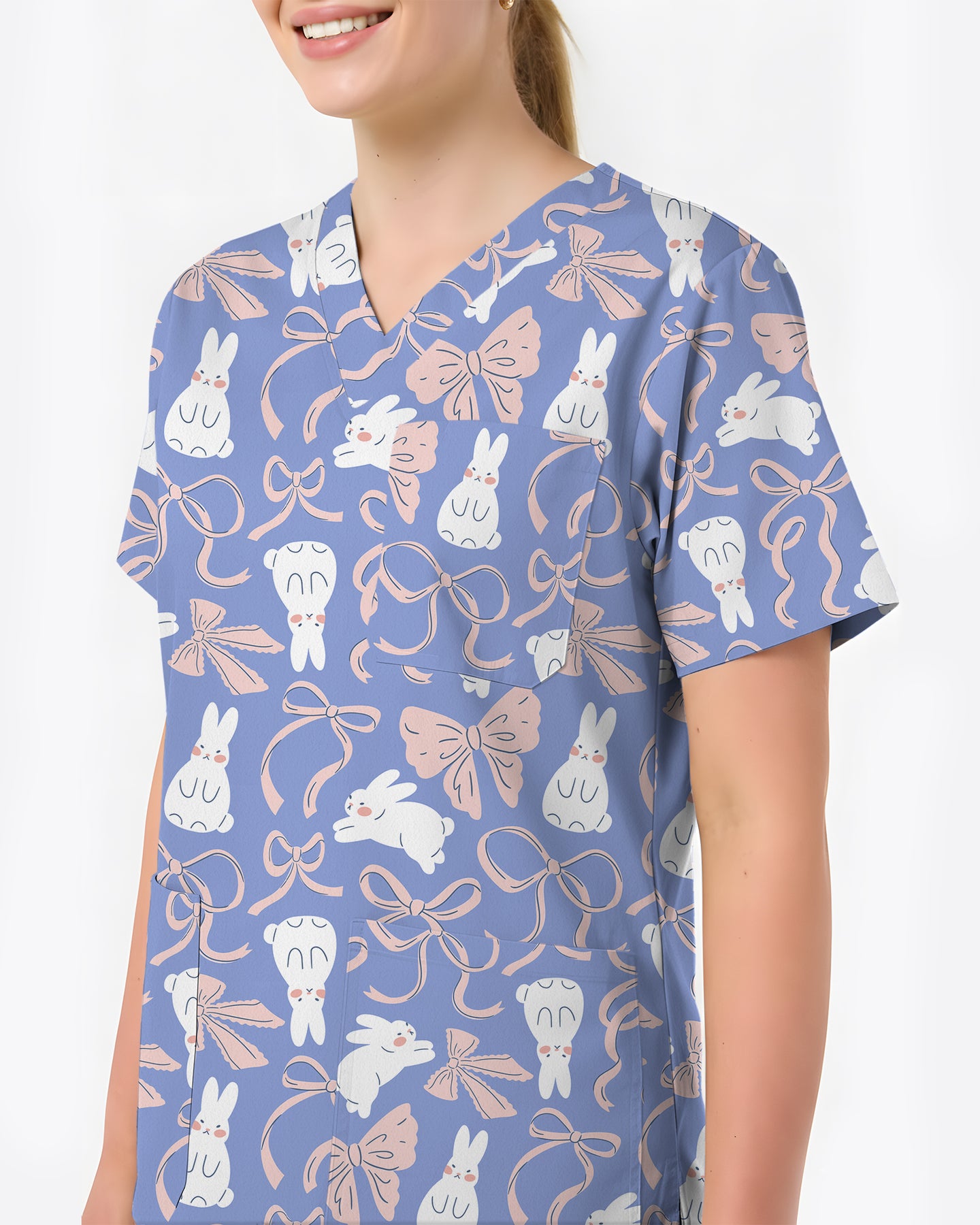 Bunny Ribbons Whimsical Spring Delight Women Scrub Top