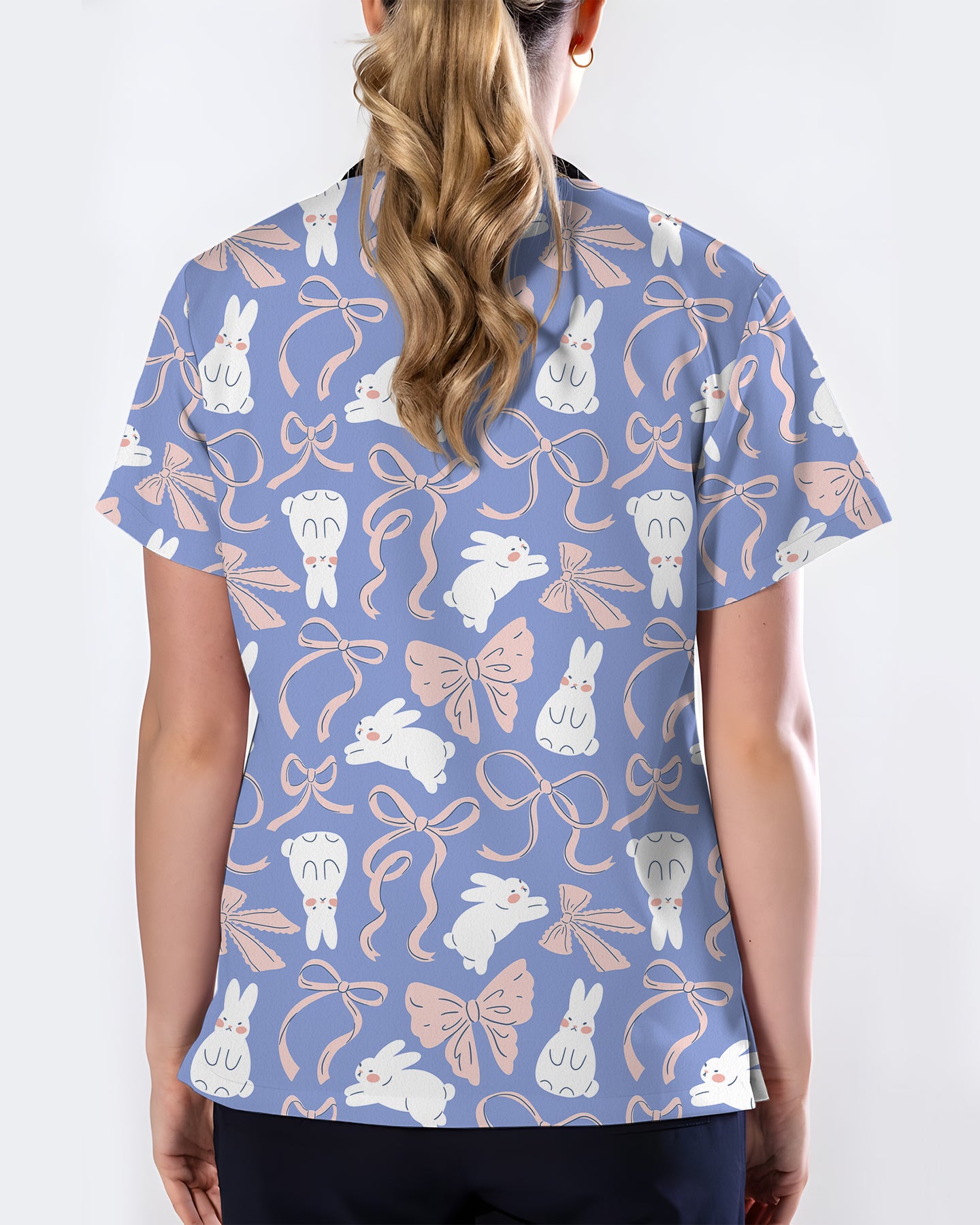 Bunny Ribbons Whimsical Spring Delight Women Scrub Top