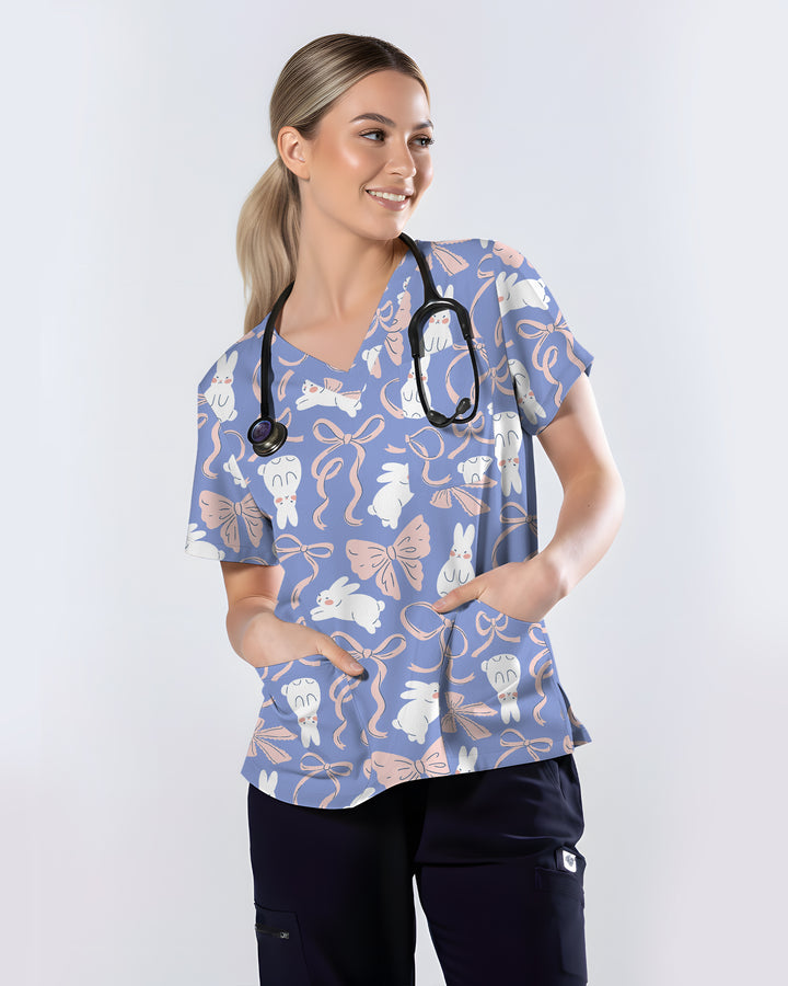 Bunny Ribbons Whimsical Spring Delight Women Scrub Top