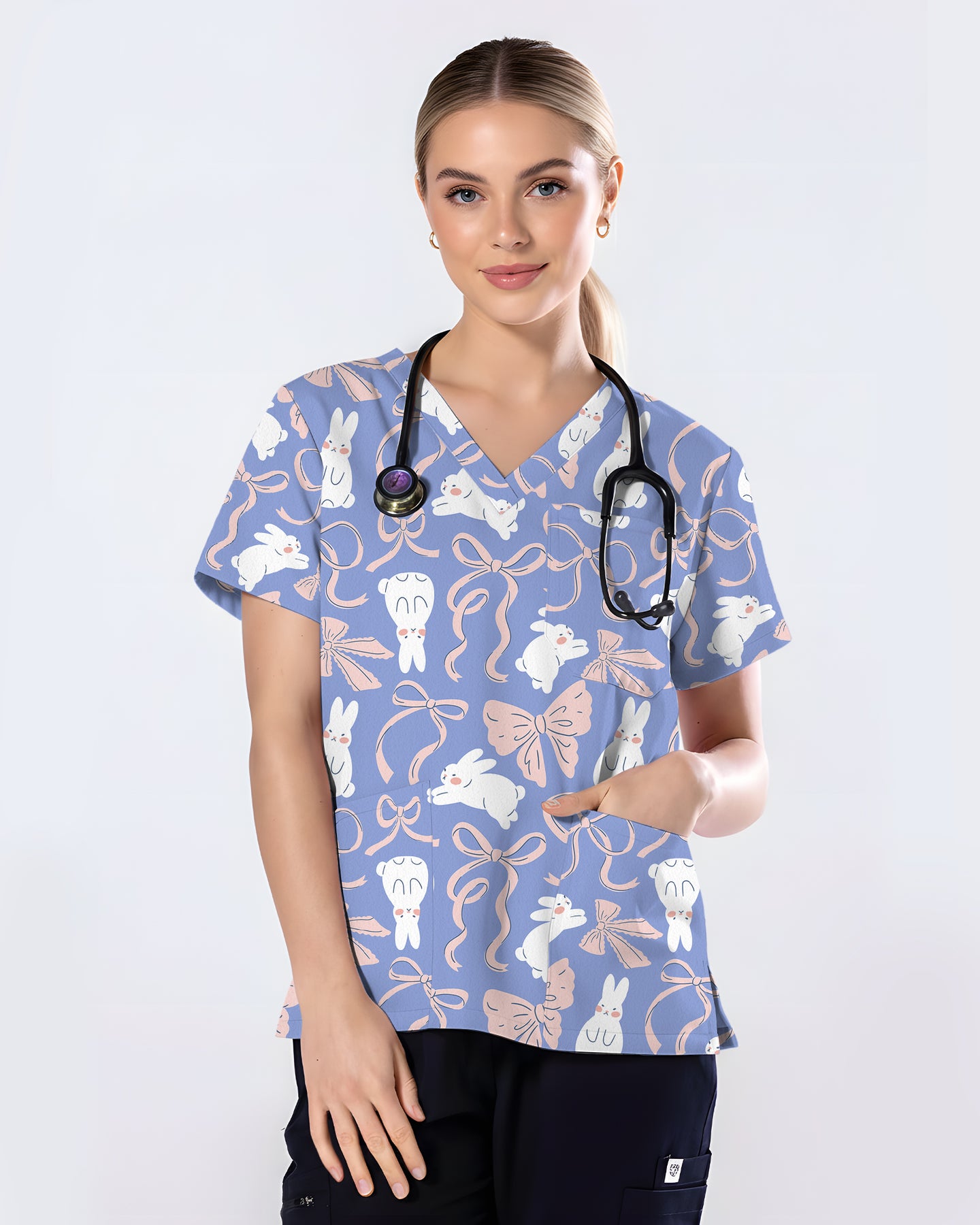 Bunny Ribbons Whimsical Spring Delight Women Scrub Top