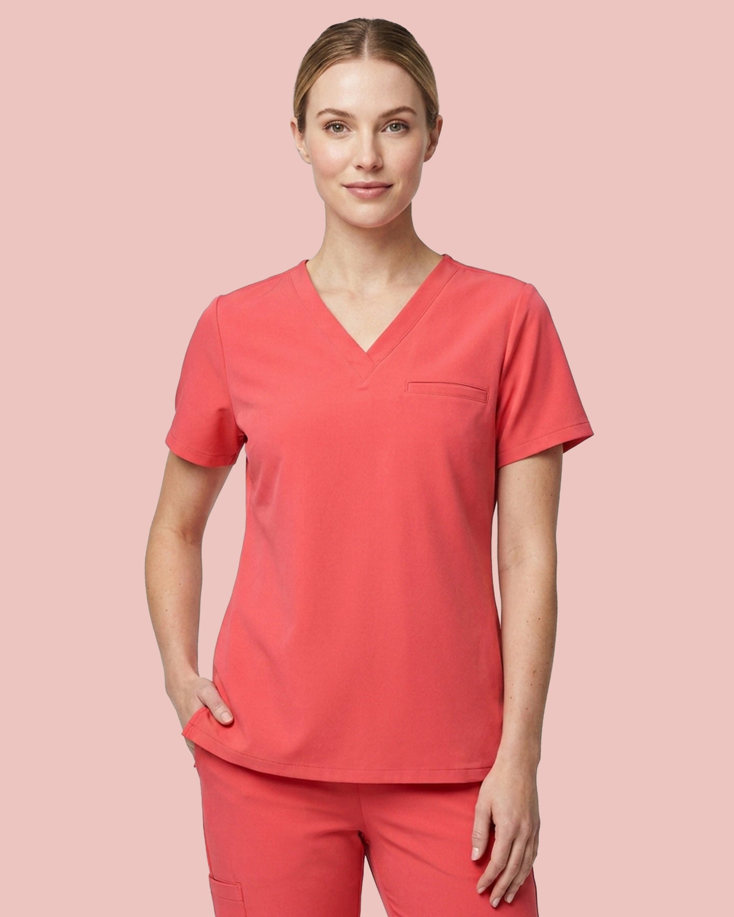 Women's One-Pocket V-neck Scrub Top Coral