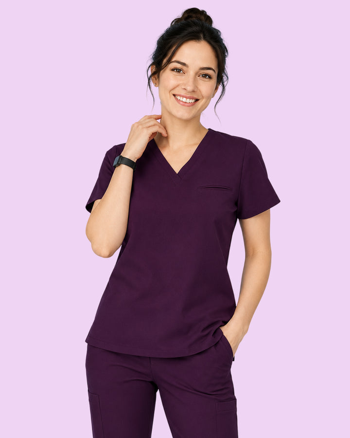 Women's One-Pocket V-neck Scrub Top Deep Eggplant