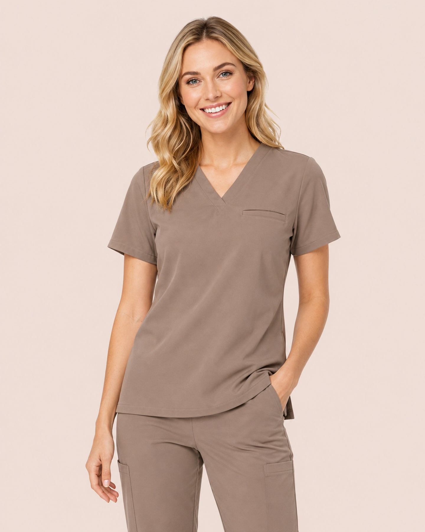 Women's One-Pocket V-neck Scrub Top Mocha