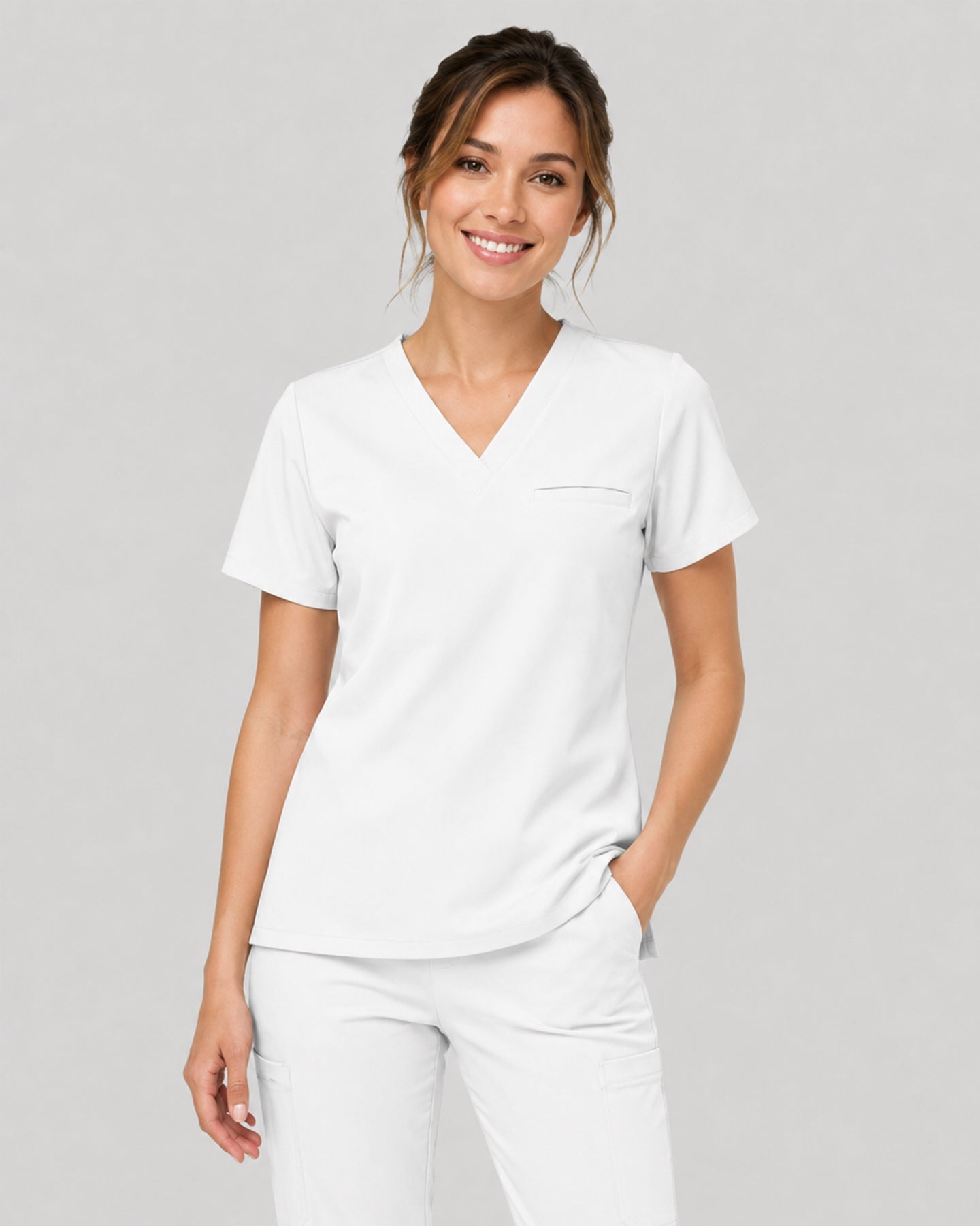 Women's One-Pocket V-neck Scrub Top White