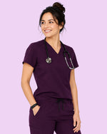 Women's One-Pocket V-neck Scrub Top Deep Eggplant