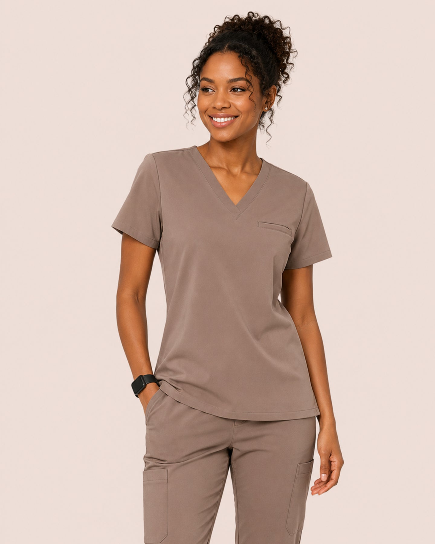 Women's One-Pocket V-neck Scrub Top Mocha