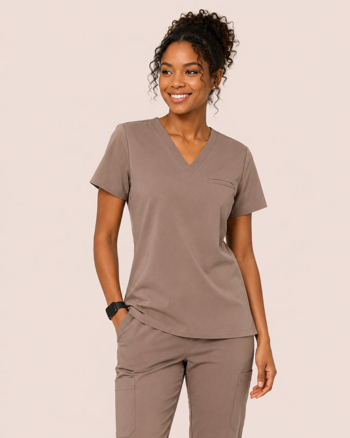 Women's One-Pocket V-neck Scrub Top Mocha