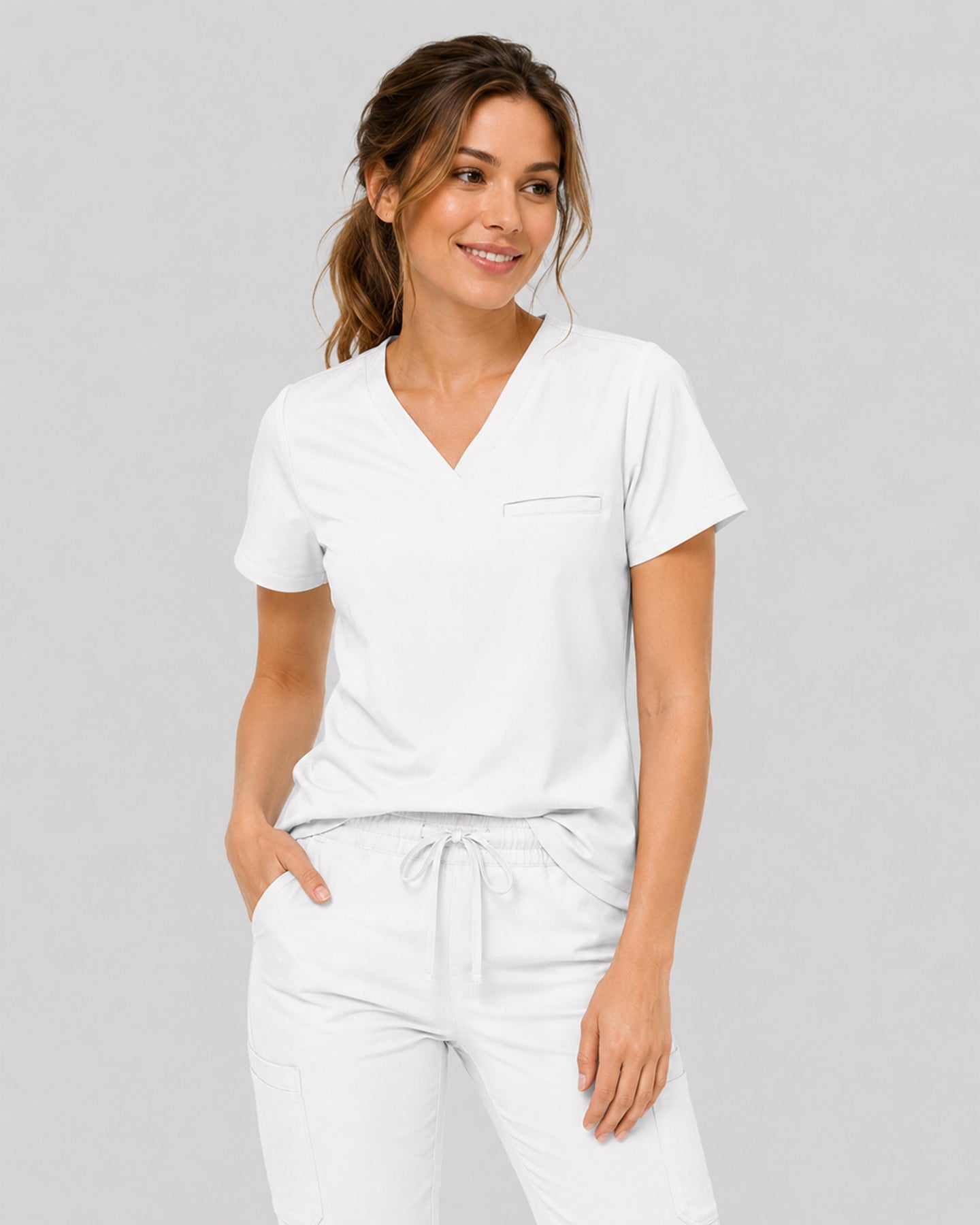 Women's One-Pocket V-neck Scrub Top White