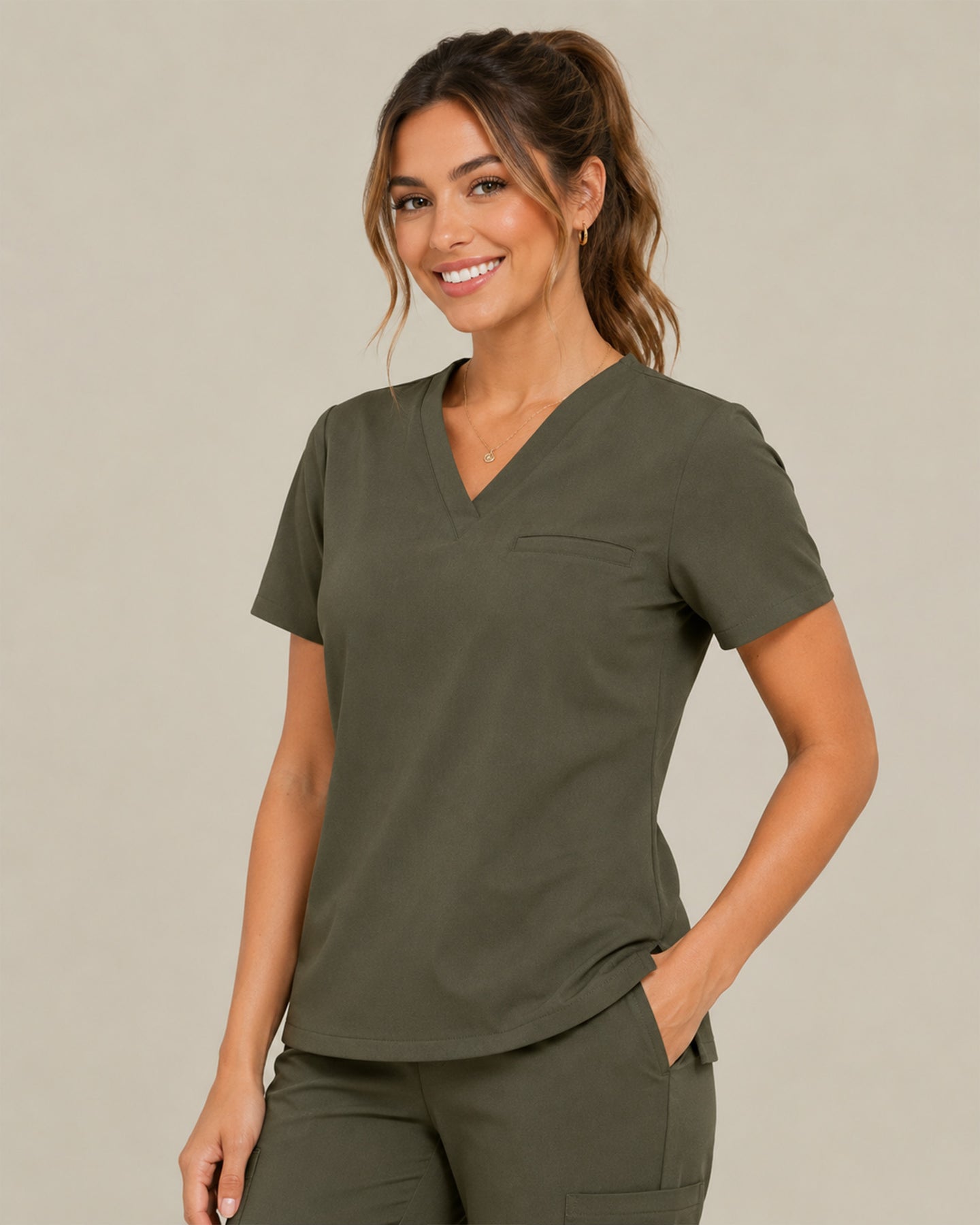 Women's One-Pocket V-neck Scrub Top Olive