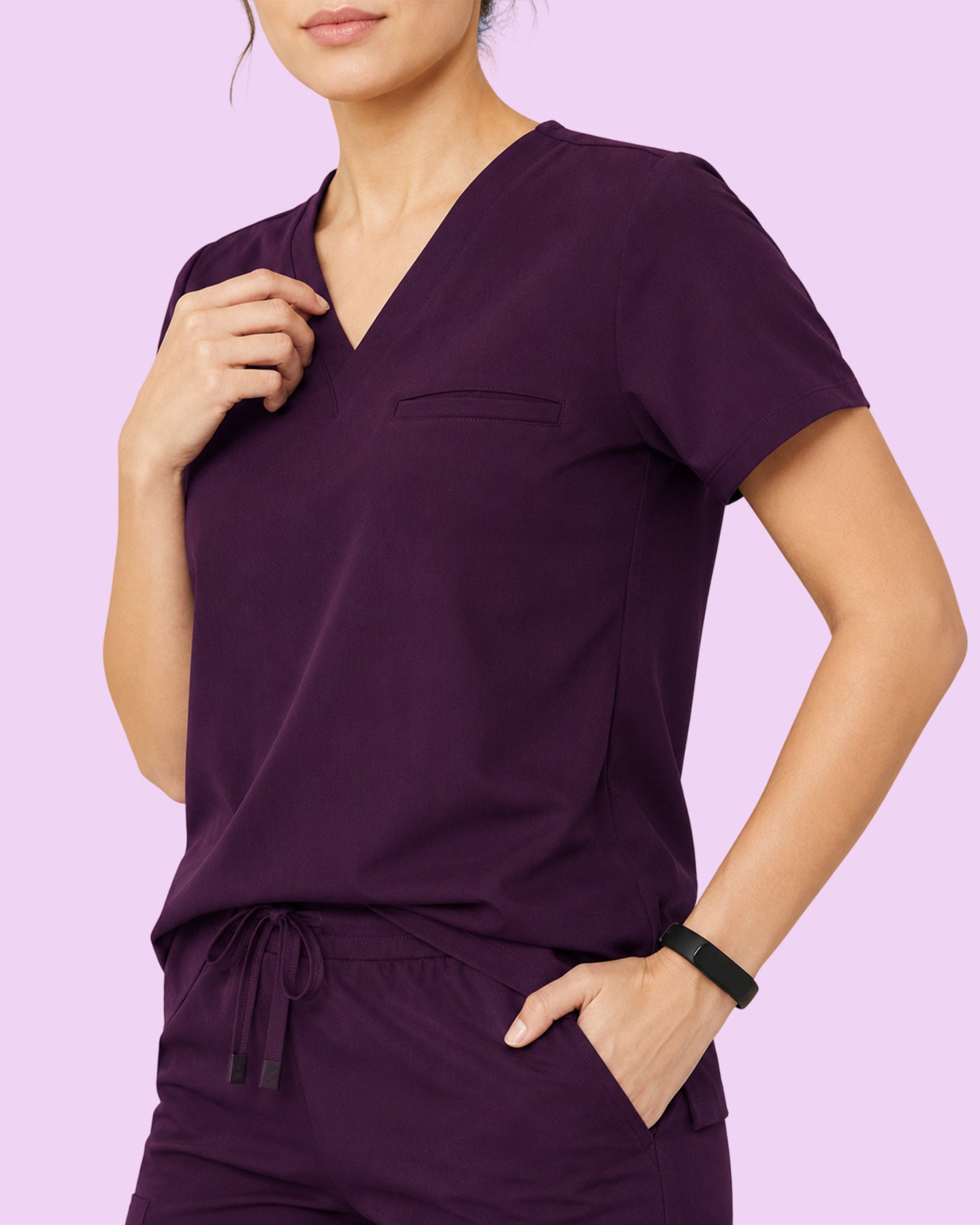 Women's One-Pocket V-neck Scrub Top Deep Eggplant