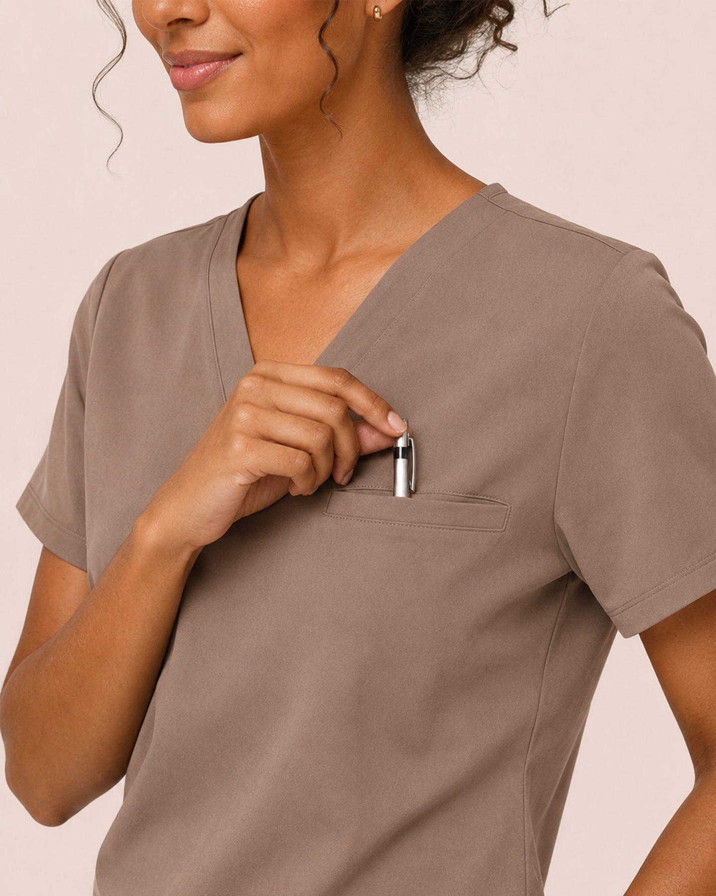 Women's One-Pocket V-neck Scrub Top Mocha