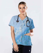 Aboriginal Ocean Blue Pattern Medical Scrub Top - Scrubloop