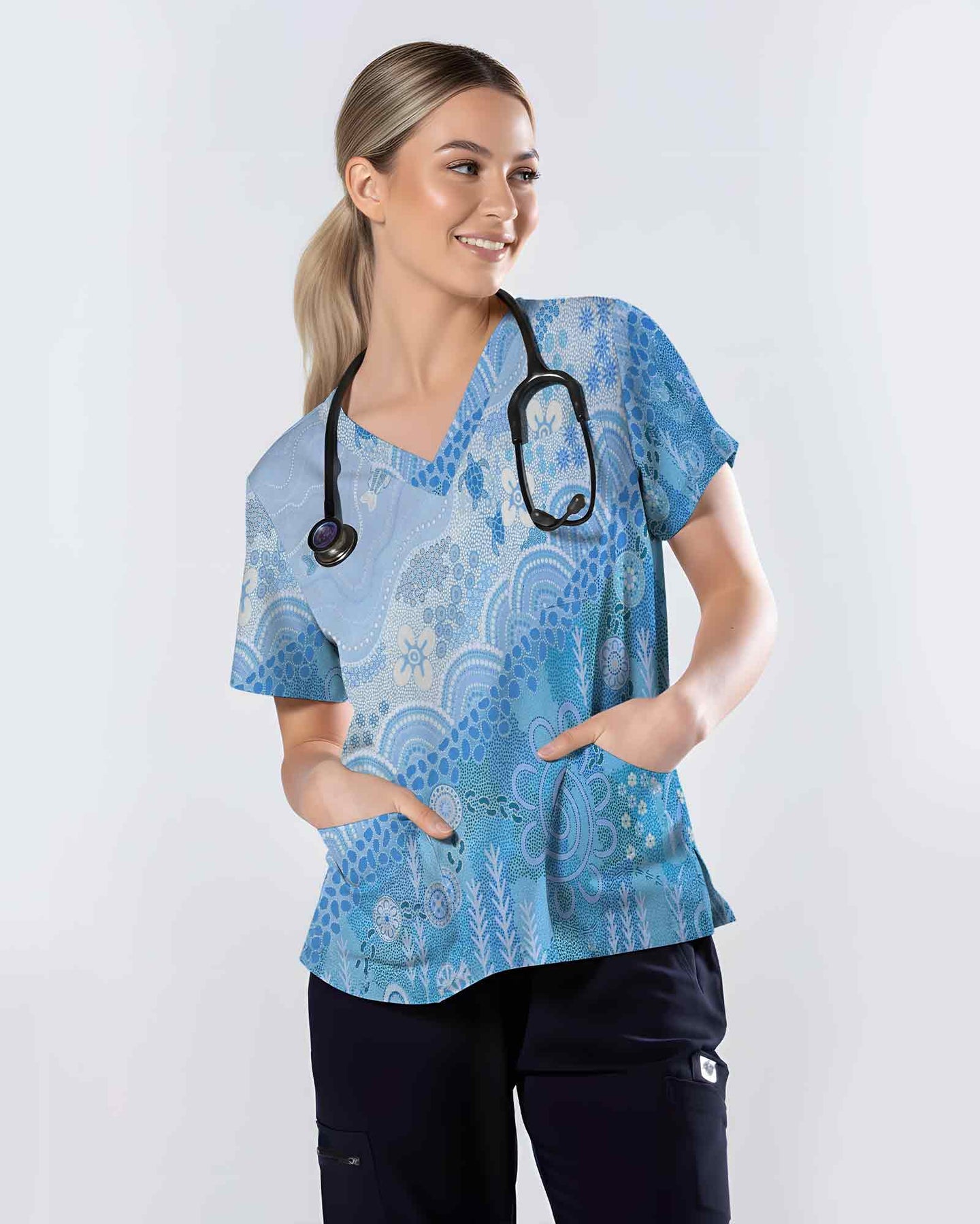 Aboriginal Ocean Blue Pattern Medical Scrub Top - Scrubloop