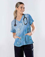 Aboriginal Ocean Blue Pattern Medical Scrub Top - Scrubloop
