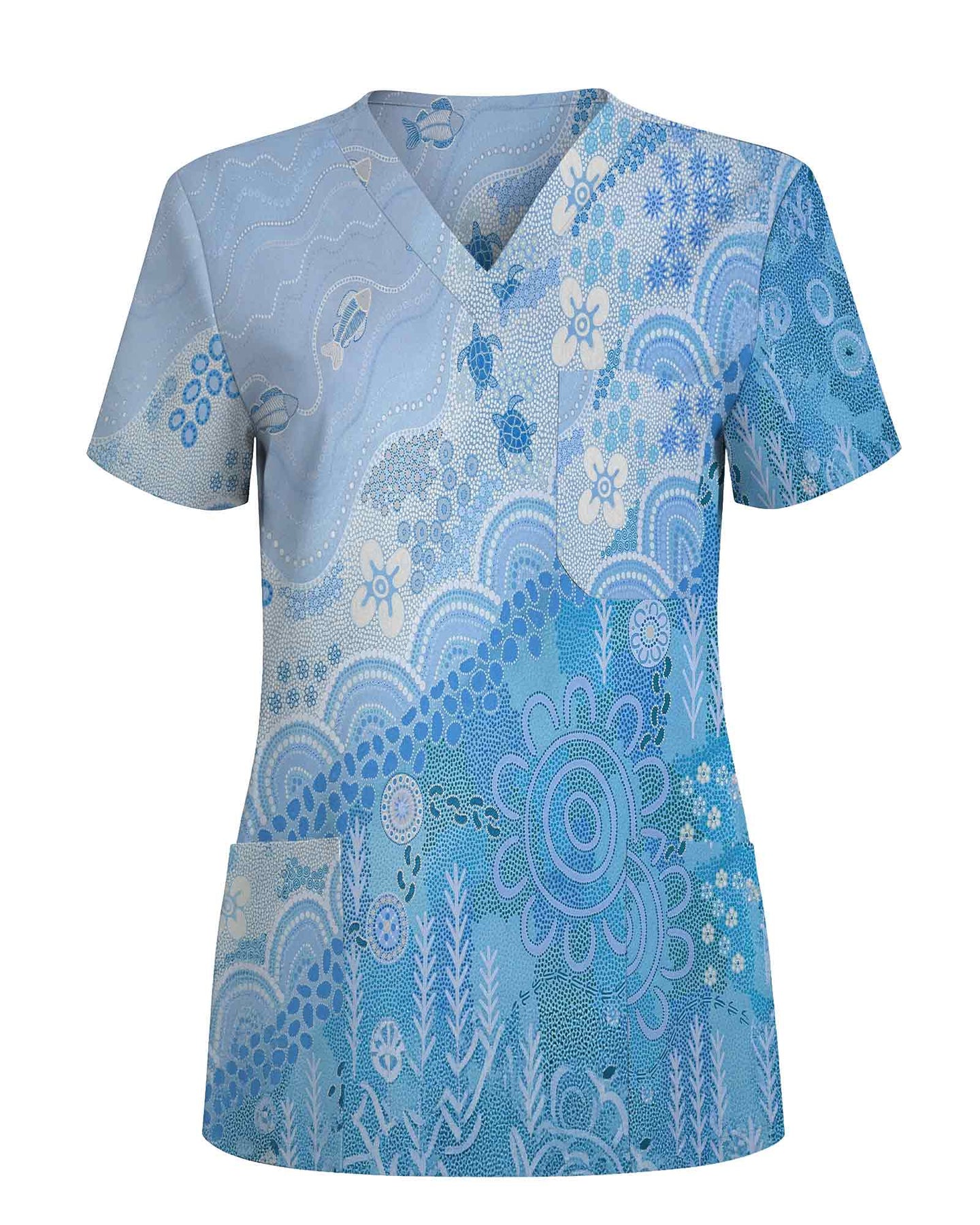 Aboriginal Ocean Blue Pattern Medical Scrub Top - Scrubloop